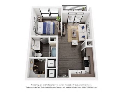 a 1 bedroom floorplan is shown with a bathroom and a living room